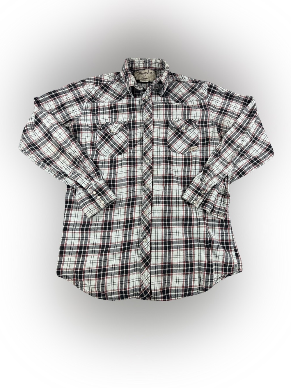 Men’s Wrangler Black, White & Red Plaid Snap Button-Down Western Shirt Size LT